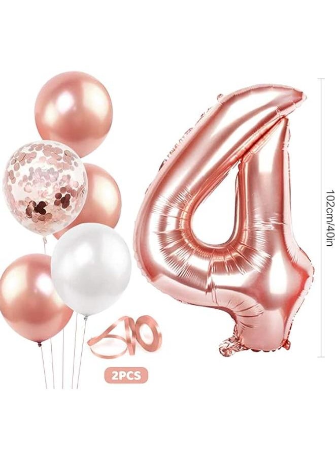 40inch Large 4 Number Balloons Rose Gold, 1 2 3 4 5 6 7 8 9 Balloons Number with Rose Gold White Latex Balloons and Ribbons  - Image 2