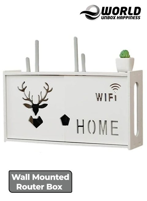 Stylish Wall-Mounted Router Rack for Wi-Fi Router, Set-Top Box, Light Cat Box, and More, Includes Doors and Patch Panel Shielding Box for Neat Storage, White.