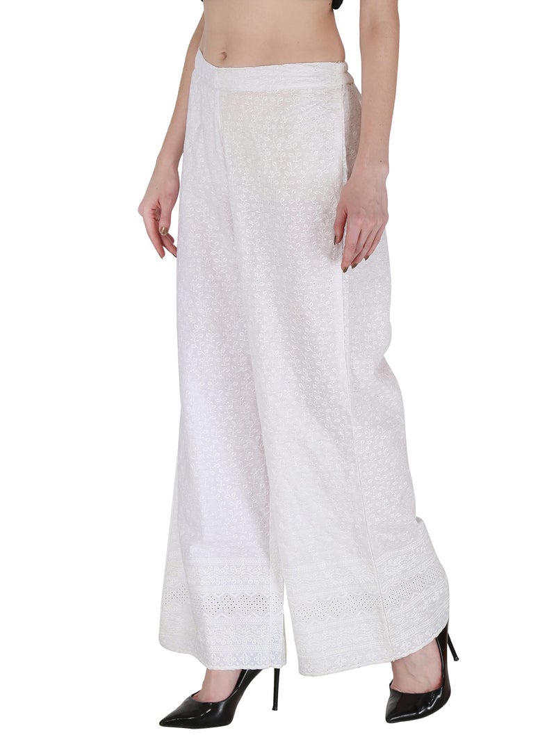 SHOPPING QUEEN Women's Cotton Embroidered Chikankari Palazzo (A296_White_2XL, Regular) - Image 1