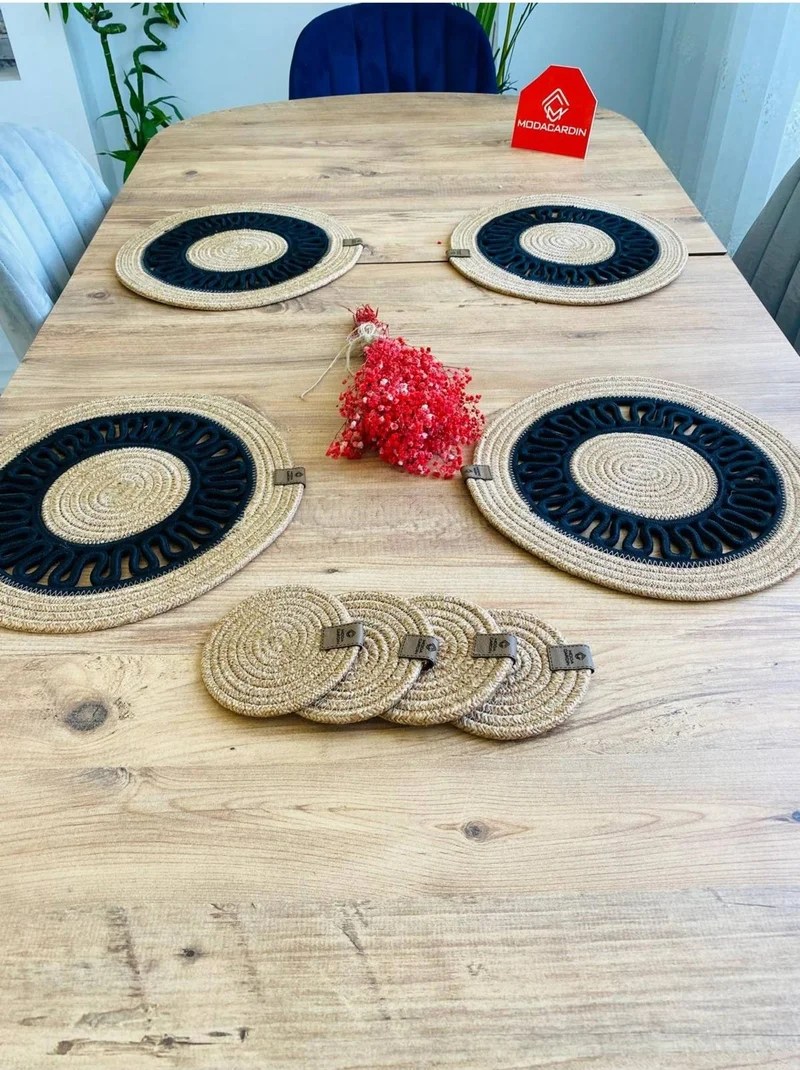 بدز ديري BDZ Leather Wicker Jute Presentation Plate Mat American Service and Coasters 8 Pieces