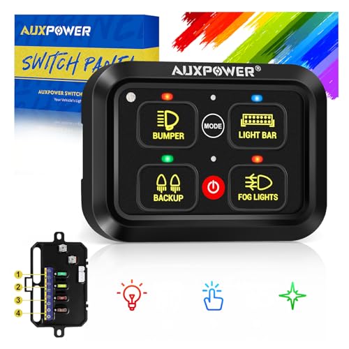 Auxpower RGB 4 Gang Switch Panel A24 Auxiliary Switch Panel with Relays Box 3 Lighting Modes Auto Dimmable Backlit Switch Panel 12V Waterproof Off Road Control Panel for Truck Marine UTV Car - Image 1