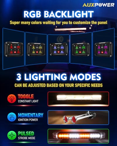 Auxpower RGB 4 Gang Switch Panel A24 Auxiliary Switch Panel with Relays Box 3 Lighting Modes Auto Dimmable Backlit Switch Panel 12V Waterproof Off Road Control Panel for Truck Marine UTV Car - Image 2