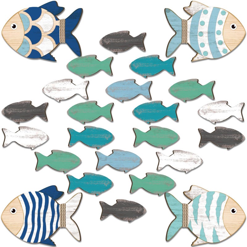 Burbell 24 Pcs Fish Wall Decor Wood Nautical Beach Decorations Hanging Fish Wall Art for Home Outdoor Lake House Home Bathroom Patio Pool