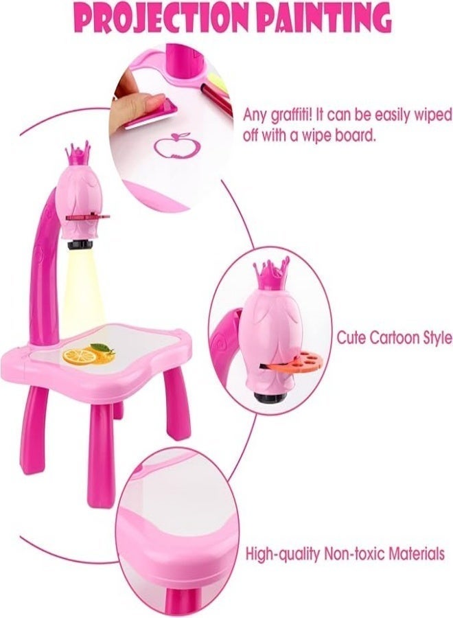 Adjustable Rotating Kids Projector Painting Desk Toy with 24 Patterns & 12 Colour Washable Markers - Interactive Drawing Table for Toddlers (Pink) - Image 5