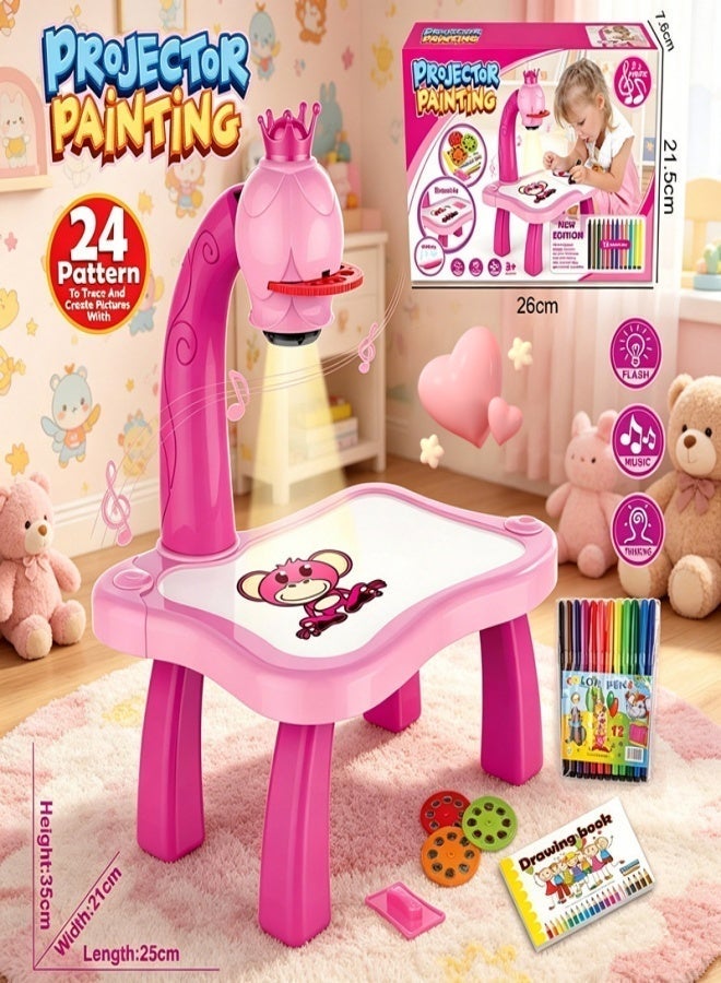 Adjustable Rotating Kids Projector Painting Desk Toy with 24 Patterns & 12 Colour Washable Markers - Interactive Drawing Table for Toddlers (Pink) - Image 2