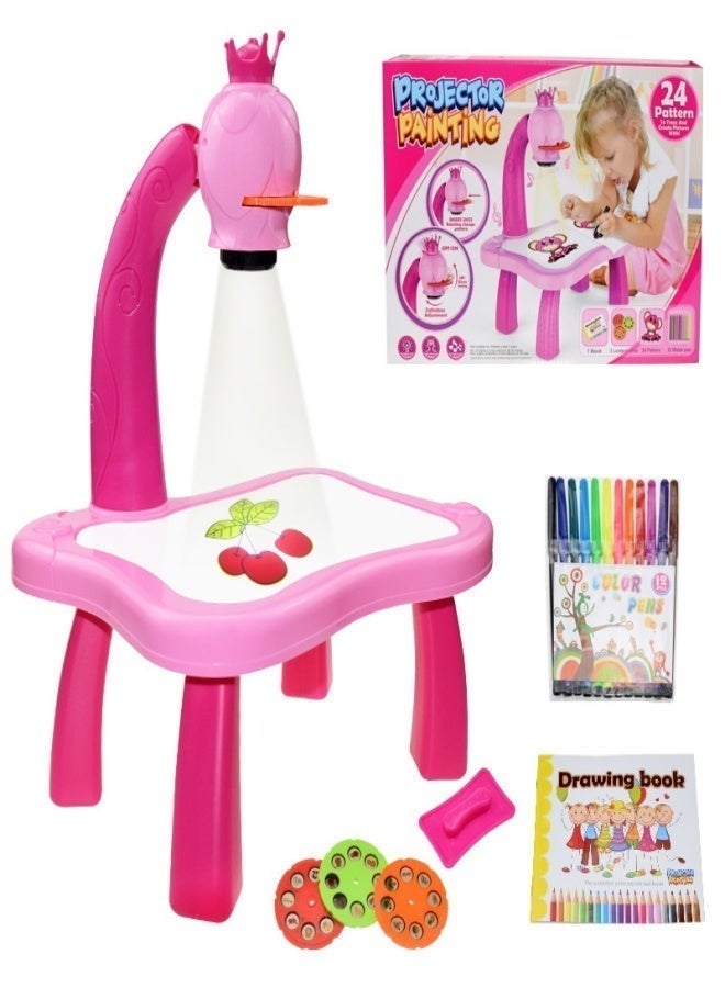 Adjustable Rotating Kids Projector Painting Desk Toy with 24 Patterns & 12 Colour Washable Markers - Interactive Drawing Table for Toddlers (Pink) - Image 1