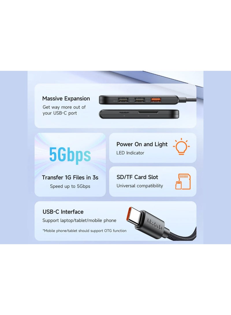 مكدودو موزع HU-143 USB-C 5 في 1، يدعم 3 منافذ USB (بما في ذلك USB 3.0 بسرعة نقل تصل إلى 5 جيجابت في الثانية) + منفذ طاقة PD حتى 100 وات + قارئ بطاقة SD/TF، ​​تصميم متين من ABS والنايلون، يدعم سعة بطاقة تصل إلى 2 تيرابايت، متوافق مع أجهزة Windows وMacOS وiPadOS وAndroid، الحل الأمثل لتوسيع منافذ الكمبيوتر المحمول والكمبيوتر اللوحي - Image 5