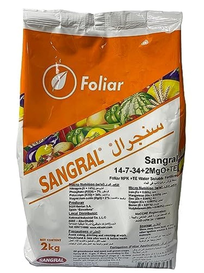 general Sangral Foliar NPK Water Soluble Fertilizer 2kg - NPK 14-7-34+2MgO+TE for Garden Care