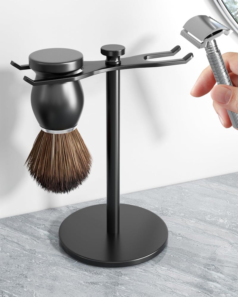 pickpiff Safety Razor Stand With Brush Holder Black Heavy Duty Metal Shaving Holder for Men Extra Wide Openings Fits Most Brushes and All Kinds Of Razors
