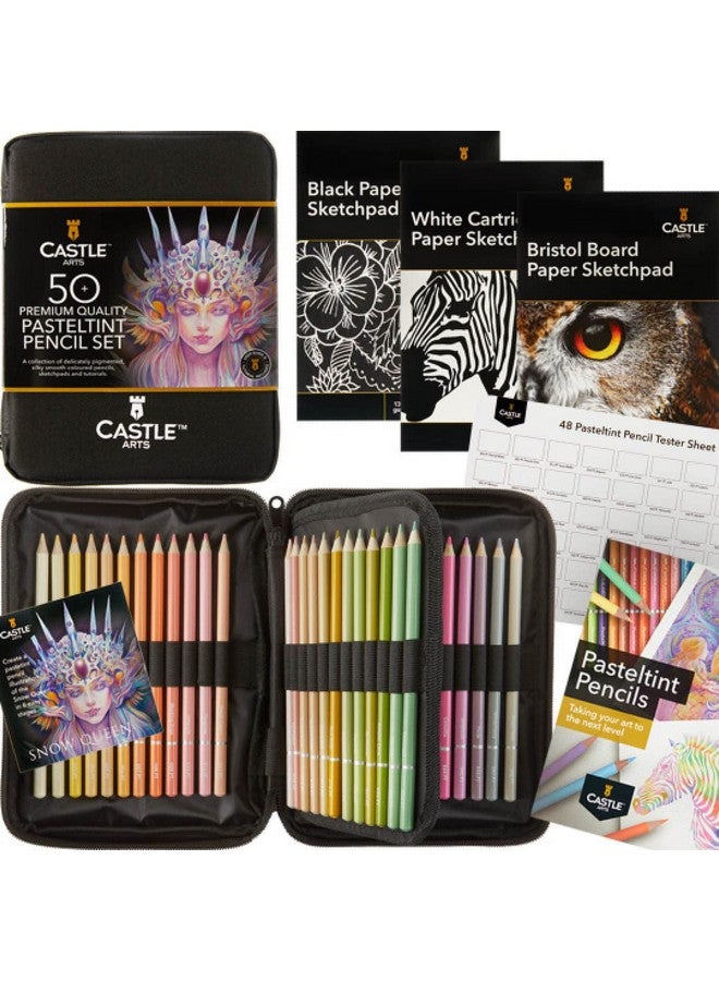 Castle Art Supplies 48 Pasteltint Colored Pencils Set With Extras Quality Colors In Softer Sumptuous Tones For Professional And Adult Artists In Neat Strong Zipper Travel Case - Image 1