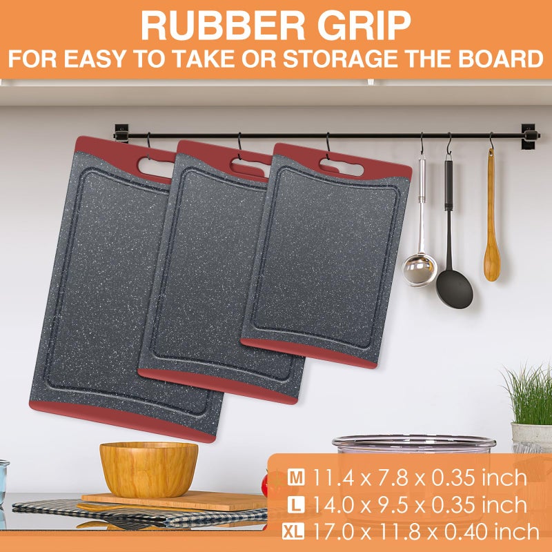 Empune Extra Large Cutting Boards, Plastic Cutting Boards for Kitchen (Set of 3) Cutting Board Set Dishwasher Chopping Board with Juice Grooves Easy-Grip Handles, Red, Empune - Image 4