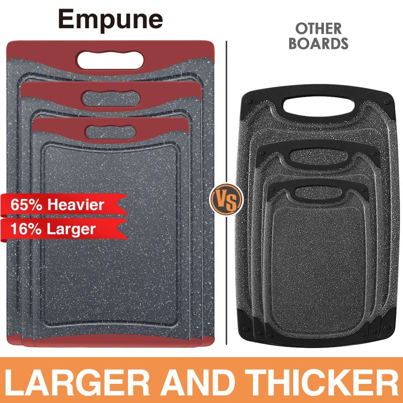 Empune Extra Large Cutting Boards, Plastic Cutting Boards for Kitchen (Set of 3) Cutting Board Set Dishwasher Chopping Board with Juice Grooves Easy-Grip Handles, Red, Empune - Image 2