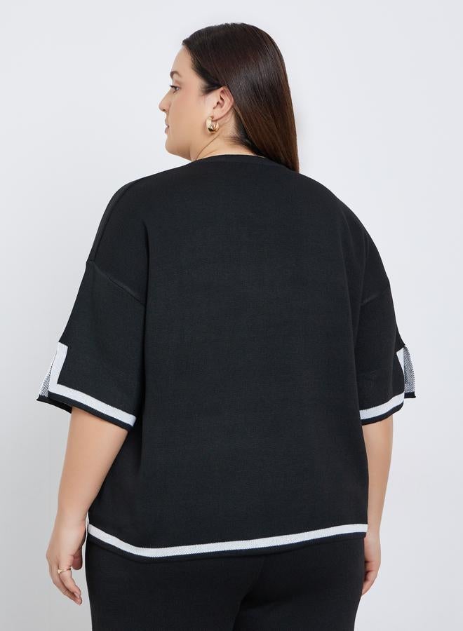 ستايلي بلوزة محبوكة واسعة بتفاصيل متباينة وكتف منخفض - Image 5