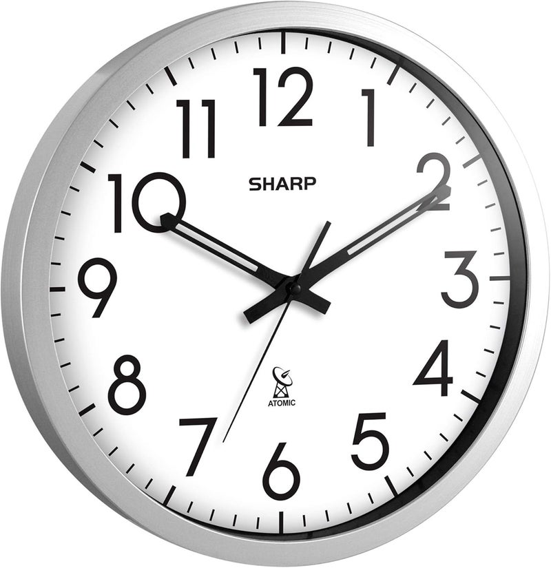 SHARP Atomic Analog Wall Clock - 12" Silver Brushed Finish - Sets Automatically- Battery Operated - Easy to Read - Easy to Use– Modern Design and Style - Image 2