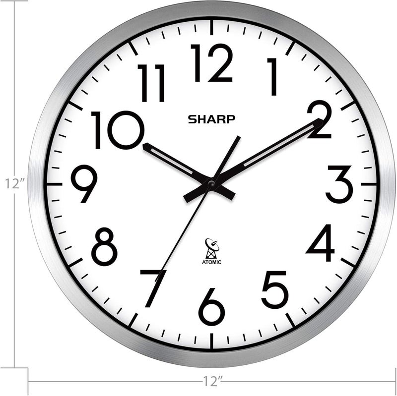 SHARP Atomic Analog Wall Clock - 12" Silver Brushed Finish - Sets Automatically- Battery Operated - Easy to Read - Easy to Use– Modern Design and Style - Image 4