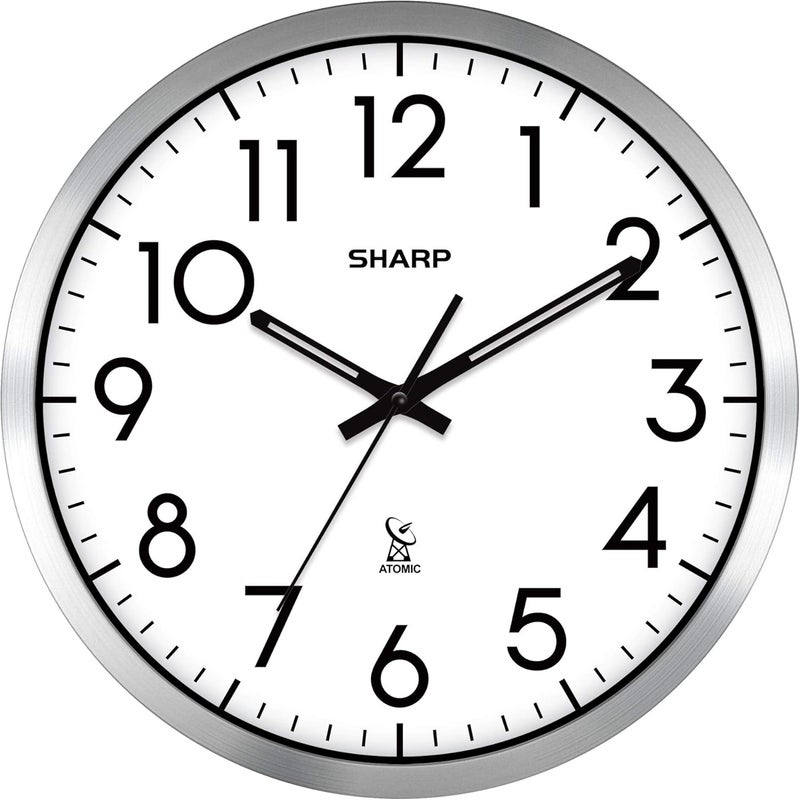 SHARP Atomic Analog Wall Clock - 12" Silver Brushed Finish - Sets Automatically- Battery Operated - Easy to Read - Easy to Use– Modern Design and Style - Image 1