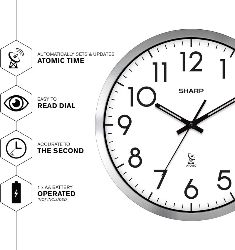 SHARP Atomic Analog Wall Clock - 12" Silver Brushed Finish - Sets Automatically- Battery Operated - Easy to Read - Easy to Use– Modern Design and Style - Image 3