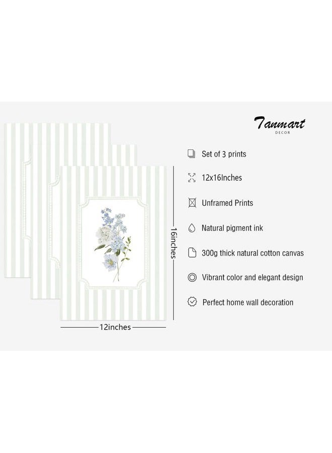 Tanmart Blue Hydrangea Wall Art Floral Canvas Prints Sage Green Striped Wall Decor Botanical Pictures Chinoiserie Flower Painting Watercolor Poster Wildflower Artwork for Living Room 12x16x3 Inch Unframed - Image 2