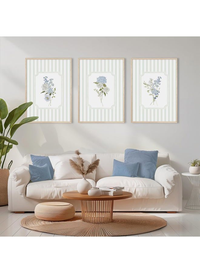 Tanmart Blue Hydrangea Wall Art Floral Canvas Prints Sage Green Striped Wall Decor Botanical Pictures Chinoiserie Flower Painting Watercolor Poster Wildflower Artwork for Living Room 12x16x3 Inch Unframed - Image 3