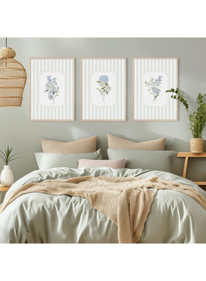 Tanmart Blue Hydrangea Wall Art Floral Canvas Prints Sage Green Striped Wall Decor Botanical Pictures Chinoiserie Flower Painting Watercolor Poster Wildflower Artwork for Living Room 12x16x3 Inch Unframed - Image 5