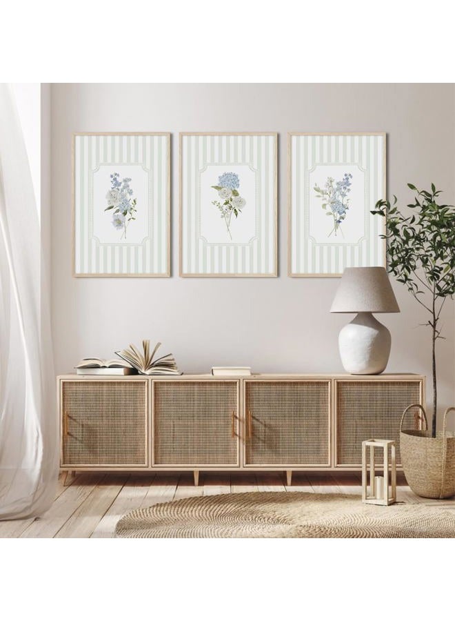 Tanmart Blue Hydrangea Wall Art Floral Canvas Prints Sage Green Striped Wall Decor Botanical Pictures Chinoiserie Flower Painting Watercolor Poster Wildflower Artwork for Living Room 12x16x3 Inch Unframed - Image 4