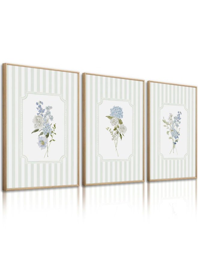 Tanmart Blue Hydrangea Wall Art Floral Canvas Prints Sage Green Striped Wall Decor Botanical Pictures Chinoiserie Flower Painting Watercolor Poster Wildflower Artwork for Living Room 12x16x3 Inch Unframed - Image 1