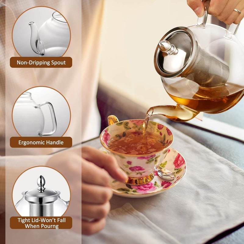 HIWARE 1500ml Glass Teapot with Removable Infuser, Stovetop Safe Tea Kettle, Blooming and Loose Leaf Tea Maker Set - Image 3