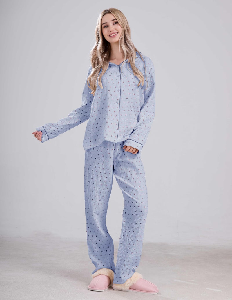 codcm Womens Cotton Gauze Pajama Set Long Sleeve Button Up Shirt and Pants 2 Piece Cute Printed Pj Set - Image 5