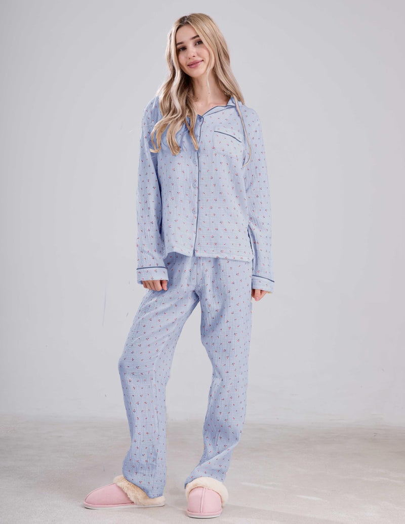 codcm Womens Cotton Gauze Pajama Set Long Sleeve Button Up Shirt and Pants 2 Piece Cute Printed Pj Set - Image 2