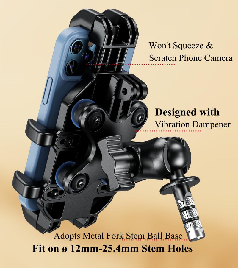 BRCOVAN Motorcycle Fork Stem Phone Mount Holder with Vibration Dampener, Heavy Duty Cellphone Cradle Fit Stem Tubes 12mm-25.4mm in Diameter, Adjustable for 5.4-6.9'' Smartphone - Image 4