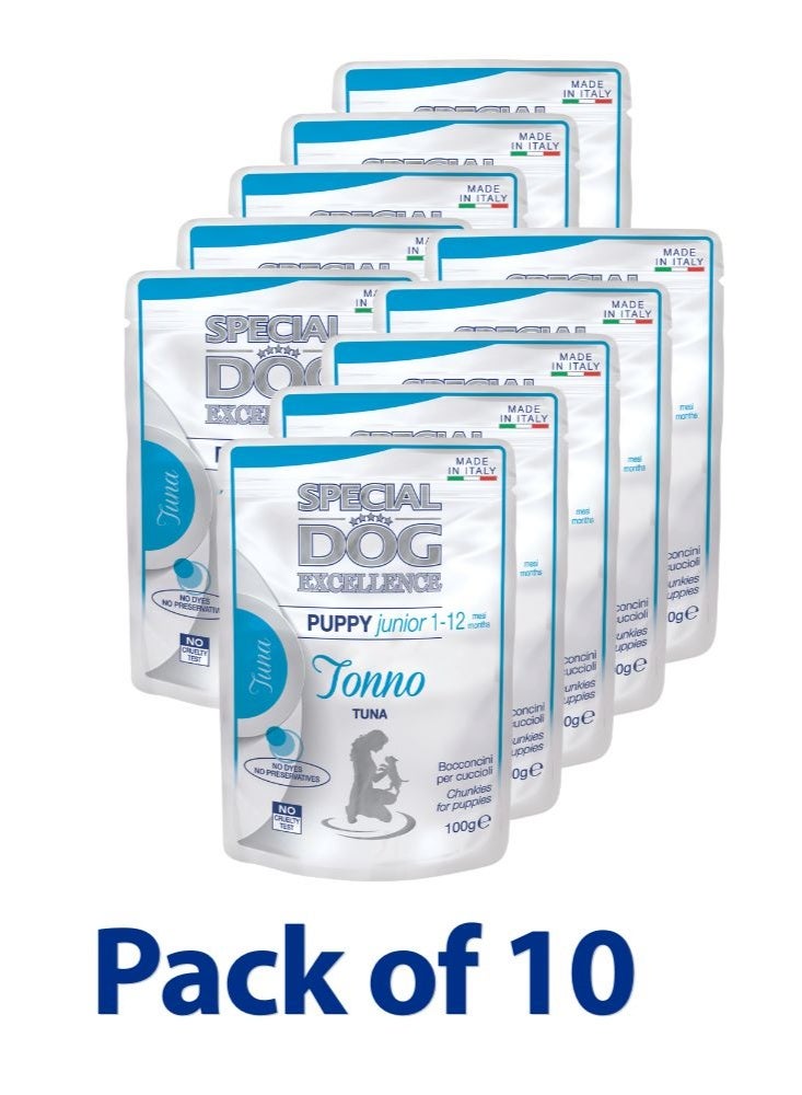 Special Dog Excellence by Monge | Puppy & Junior Wet Food with Tuna Chunkies in Sauce | 100 g Pouch | Made in Italy | Pack of 10