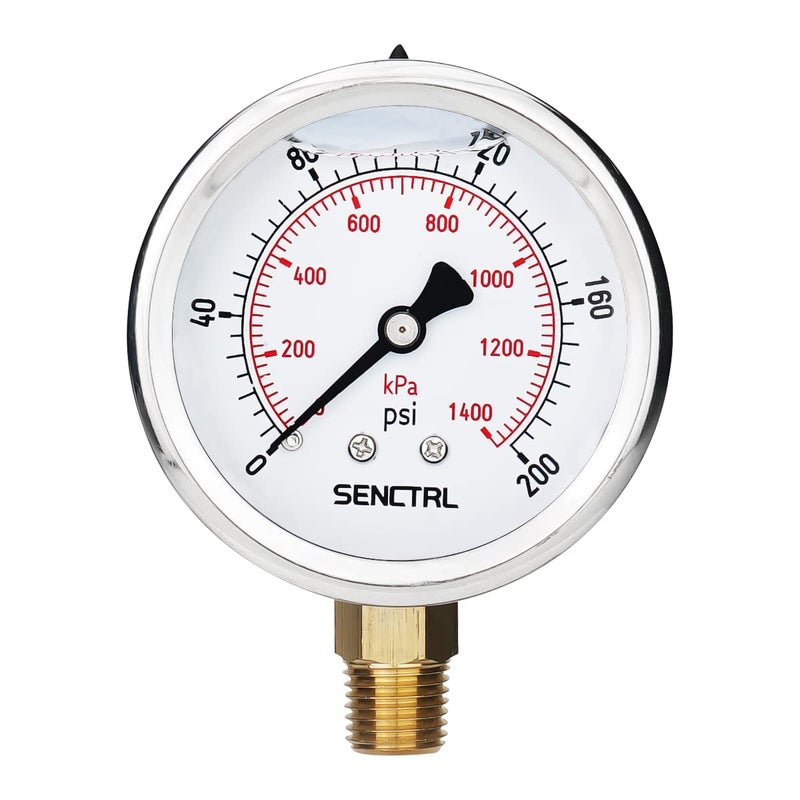 senctrl 0-200 Psi Glycerin Liquid Filled Pressure Gauge, 2.5" Dial Size, 1/4" NPT Lower Mount, Stainless Steel Case, for Water Oil Pressure Test in Pipe Pool Pump Sand Filter Air Compressor - Image 1
