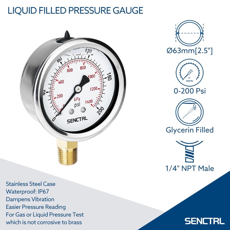 senctrl 0-200 Psi Glycerin Liquid Filled Pressure Gauge, 2.5" Dial Size, 1/4" NPT Lower Mount, Stainless Steel Case, for Water Oil Pressure Test in Pipe Pool Pump Sand Filter Air Compressor - Image 2