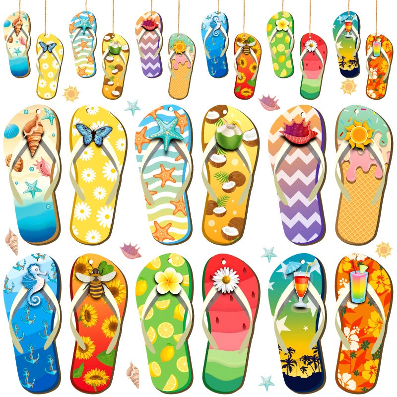 Purpeak 36 Pcs Summer Wood Hanging Ornaments Summer Flip Flop Wood Chip Hanging Tree Hanging Ornament Wood Tags Colorful Ornament for Birthday Party Anniversary Home Summer Decor 12 Styles
