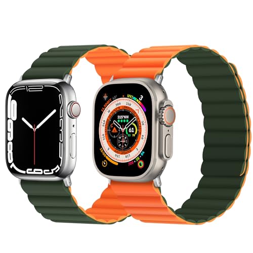 Anlinser Magnetic Bands Compatible with Apple Watch Band 49/46/45 44/42/41/40/38mm, Women Men Double Side Reversible Strap for iWatch Ultra 3-1 Series 11/10/9/8/7-1 SE(49/46/45/44/42,Green/Orange) - Image 2