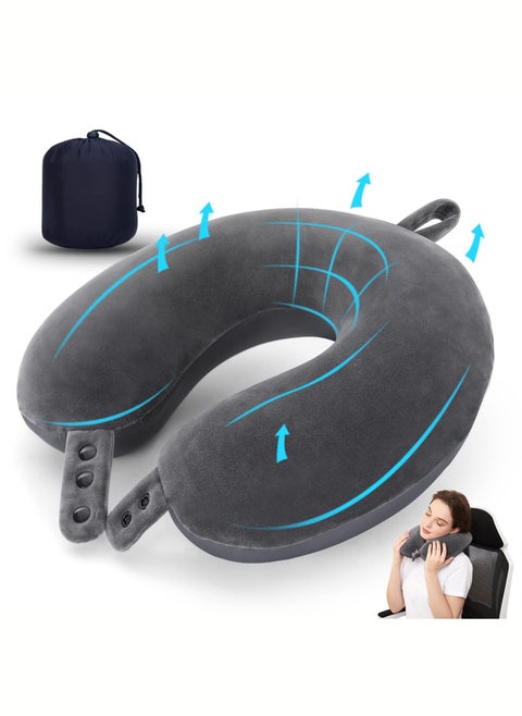 Travel Neck Pillow, Best Memory Foam Airplane Pillow for Head Support Soft Adjustable Pillow for Plane, Car or Home Recliner Use (Grey)