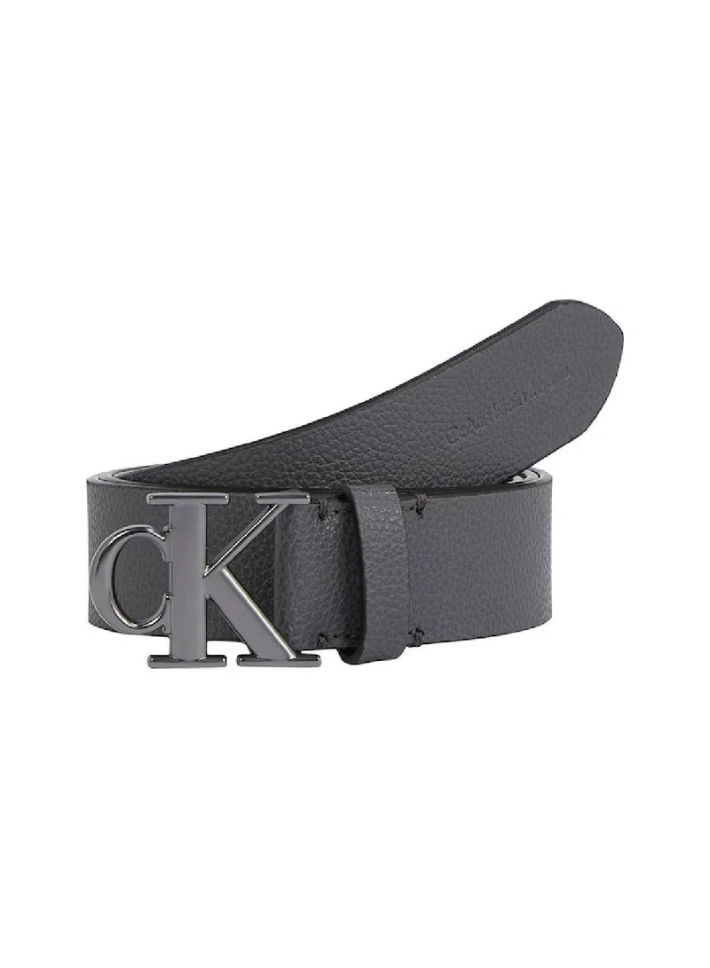 Calvin Klein Men's Monogram Plaque Leather Belt with Adjustable Strap,  Grey