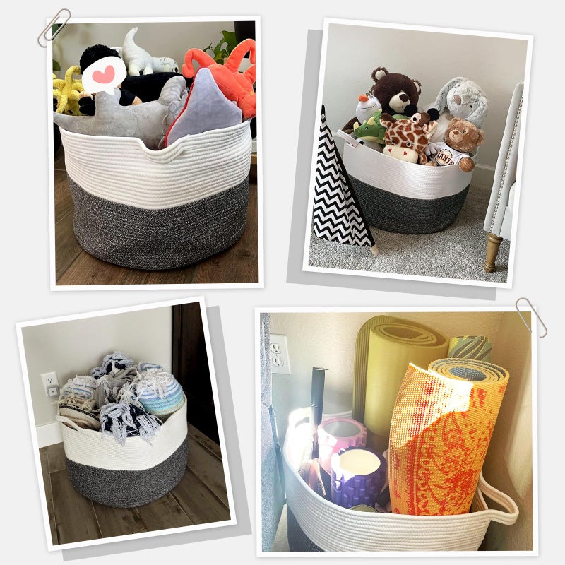 INDRESSME XXXLarge Cotton Rope Basket 21.7" x 21.7" x 13.8" Woven Baby Laundry Baskets Blanket Basket Toy Baskets with Handle Storage Comforter Cushions Gray Laundry Hamper - Image 4