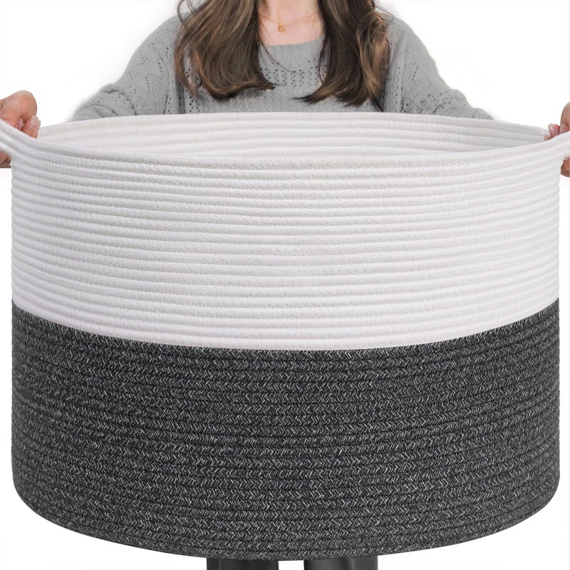 INDRESSME XXXLarge Cotton Rope Basket 21.7" x 21.7" x 13.8" Woven Baby Laundry Baskets Blanket Basket Toy Baskets with Handle Storage Comforter Cushions Gray Laundry Hamper - Image 1