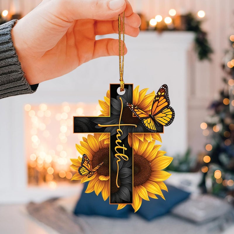 Talataca Faith Sunflower God Jesus Cross Christian Butterfly Car Rear View Mirror Ornament - Image 3