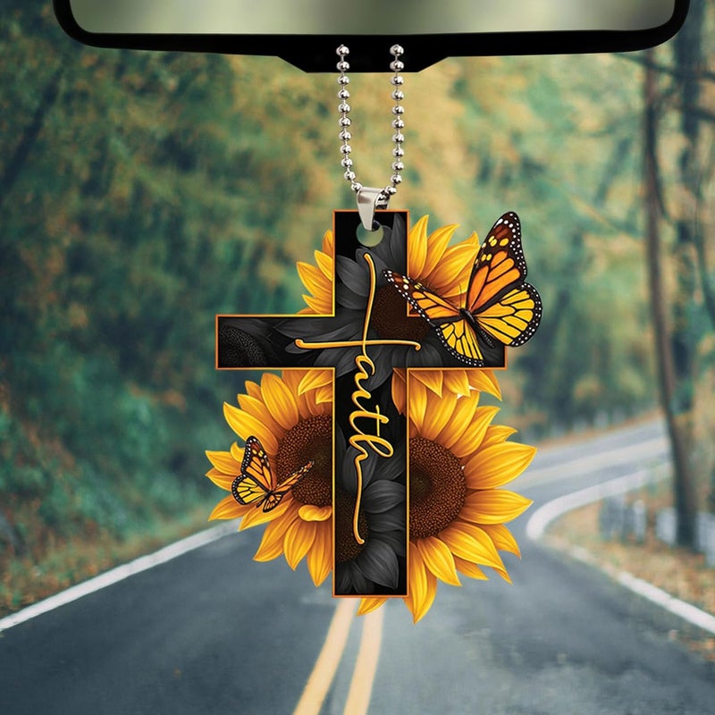Talataca Faith Sunflower God Jesus Cross Christian Butterfly Car Rear View Mirror Ornament - Image 5