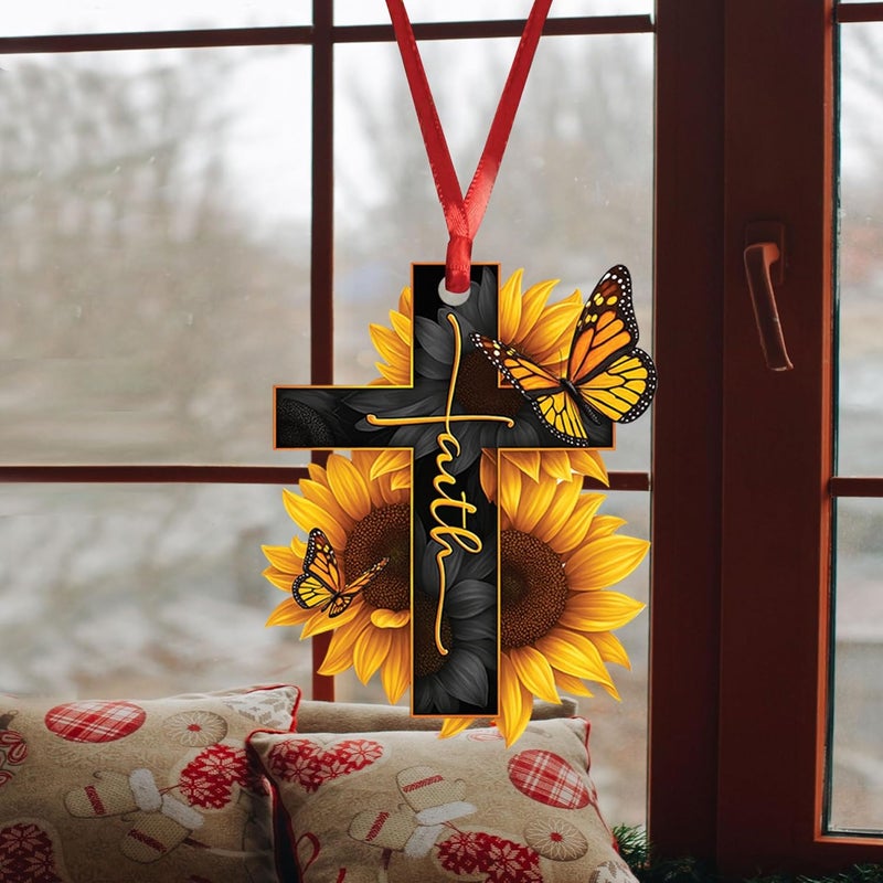 Talataca Faith Sunflower God Jesus Cross Christian Butterfly Car Rear View Mirror Ornament - Image 4