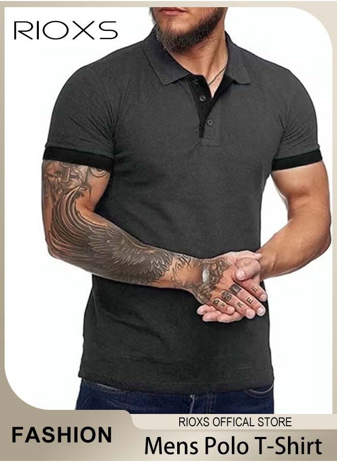 RIOXS - Men's Short Sleeve Shirt, Slim-fit Button-Up Tops, Casual Polo Shirt for Men, Comfy Breathable T-shirt for Travel, Work and Daily Wear, Ideal Gift for Grandfather, Dad, Boyfrind or Husband - Image 1