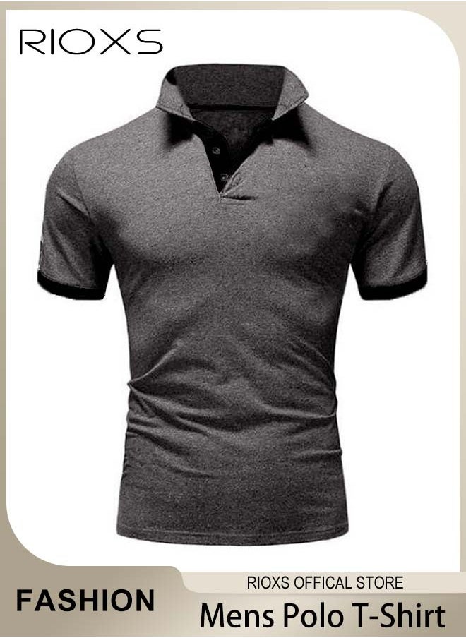 RIOXS - Men's Short Sleeve Shirt, Slim-fit Button-Up Tops, Casual Polo Shirt for Men, Comfy Breathable T-shirt for Travel, Work and Daily Wear, Ideal Gift for Grandfather, Dad, Boyfrind or Husband - Image 1