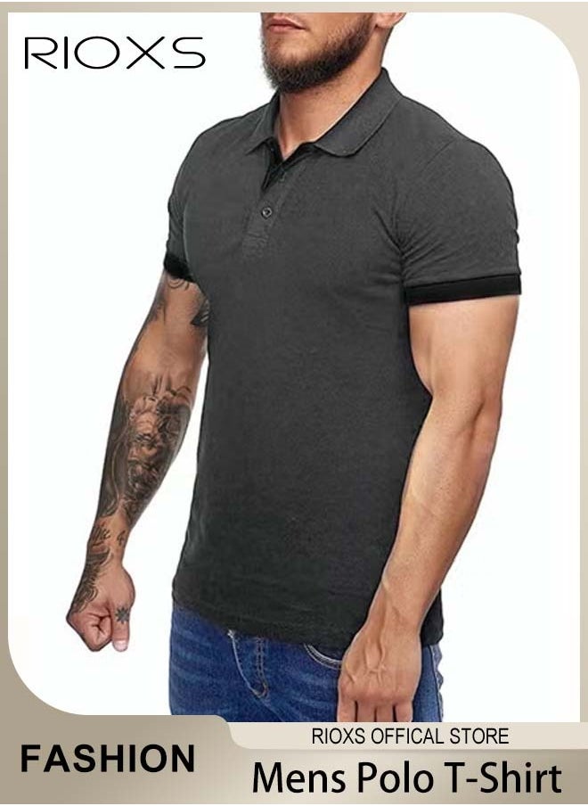 RIOXS - Men's Short Sleeve Shirt, Slim-fit Button-Up Tops, Casual Polo Shirt for Men, Comfy Breathable T-shirt for Travel, Work and Daily Wear, Ideal Gift for Grandfather, Dad, Boyfrind or Husband - Image 1