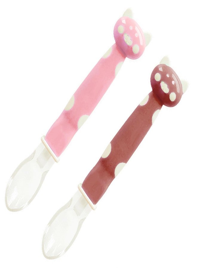 Mopslik Soft Silicone Gel Tip Baby Infant Feeding Training Cartoon Animal Spoon Pack of 2 (Pink Brown) - Image 1