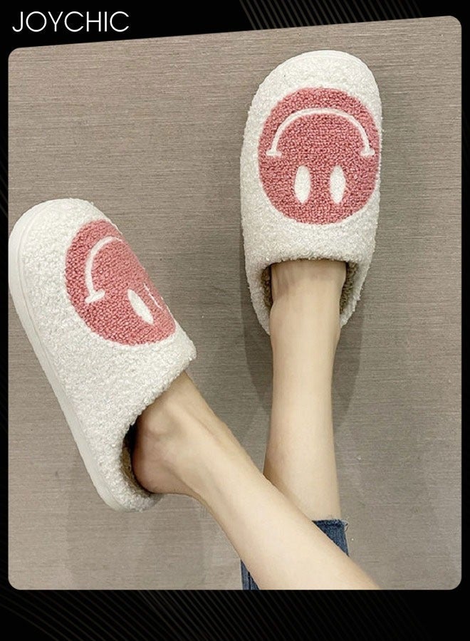 Joychic ش_slippers دافئة بتصميم وجه مبتسم لفصل الخريف والشتاء باللون الأبيض/الوردي للنساء - Image 4