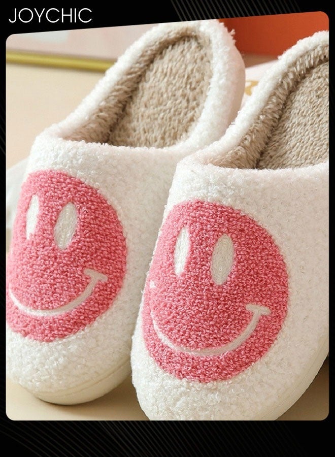 Joychic ش_slippers دافئة بتصميم وجه مبتسم لفصل الخريف والشتاء باللون الأبيض/الوردي للنساء - Image 3