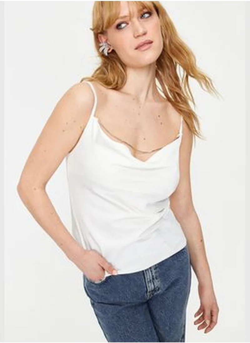 trendyol White Turndown Collar Stone Accessory Satin Blouse TPRSS24BZ00004