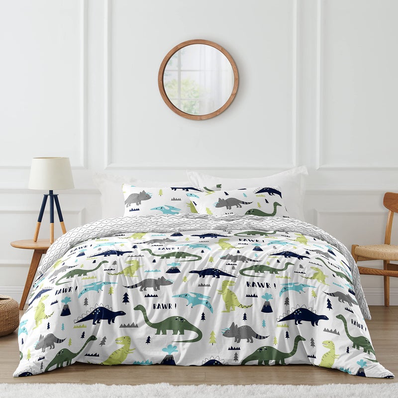 Sweet Jojo Designs Sweet Jojo Designs Navy Blue and Green Modern Dinosaur Boys or Girls 3 Piece FullQueen Bedding Childrens Teen Set